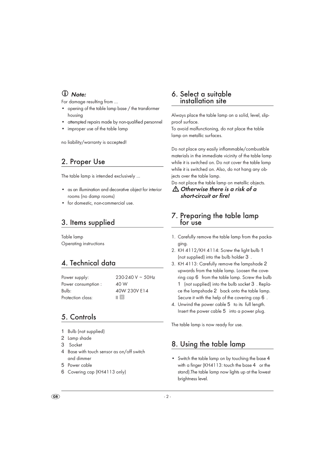 Kompernass KH 4113, KH 4112, KH 4114 Proper Use, Items supplied, Technical data, Controls, Preparing the table lamp for use 