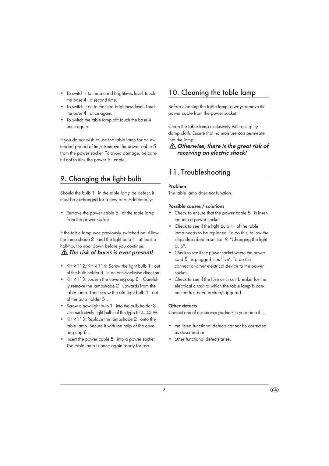 Kompernass KH 4114 Cleaning the table lamp, Changing the light bulb, Troubleshooting, Risk of burns is ever present 