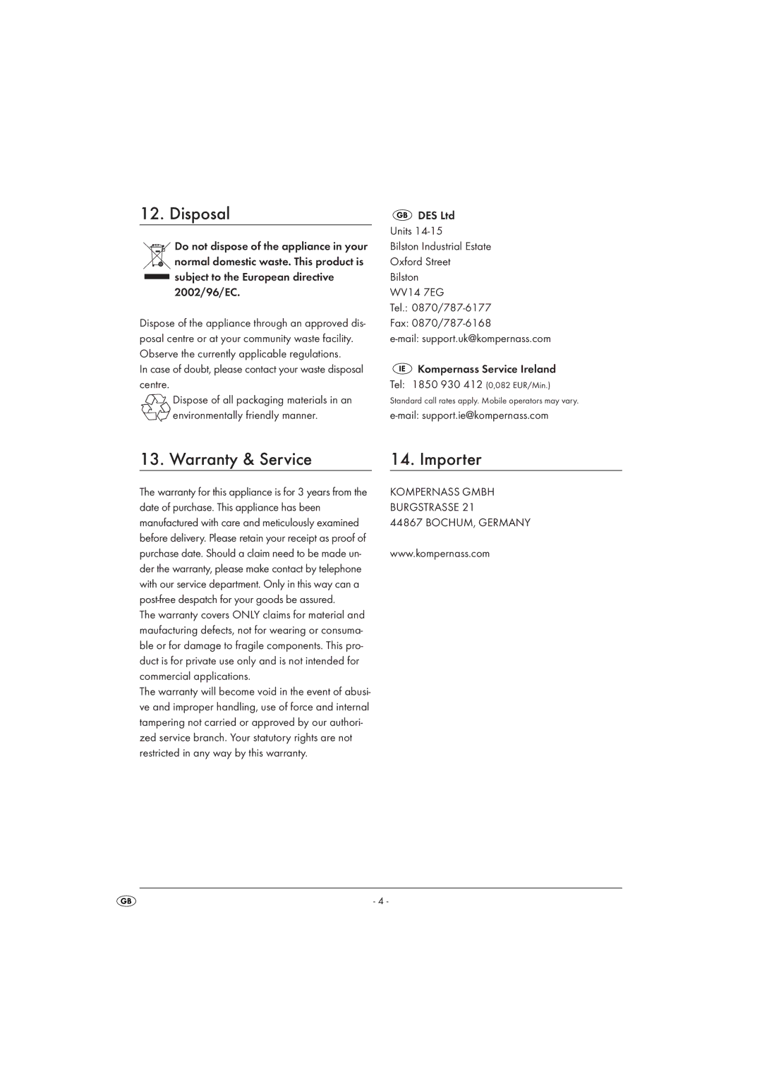 Kompernass KH 4112, KH 4113, KH 4114 operating instructions Disposal, Warranty & Service Importer 