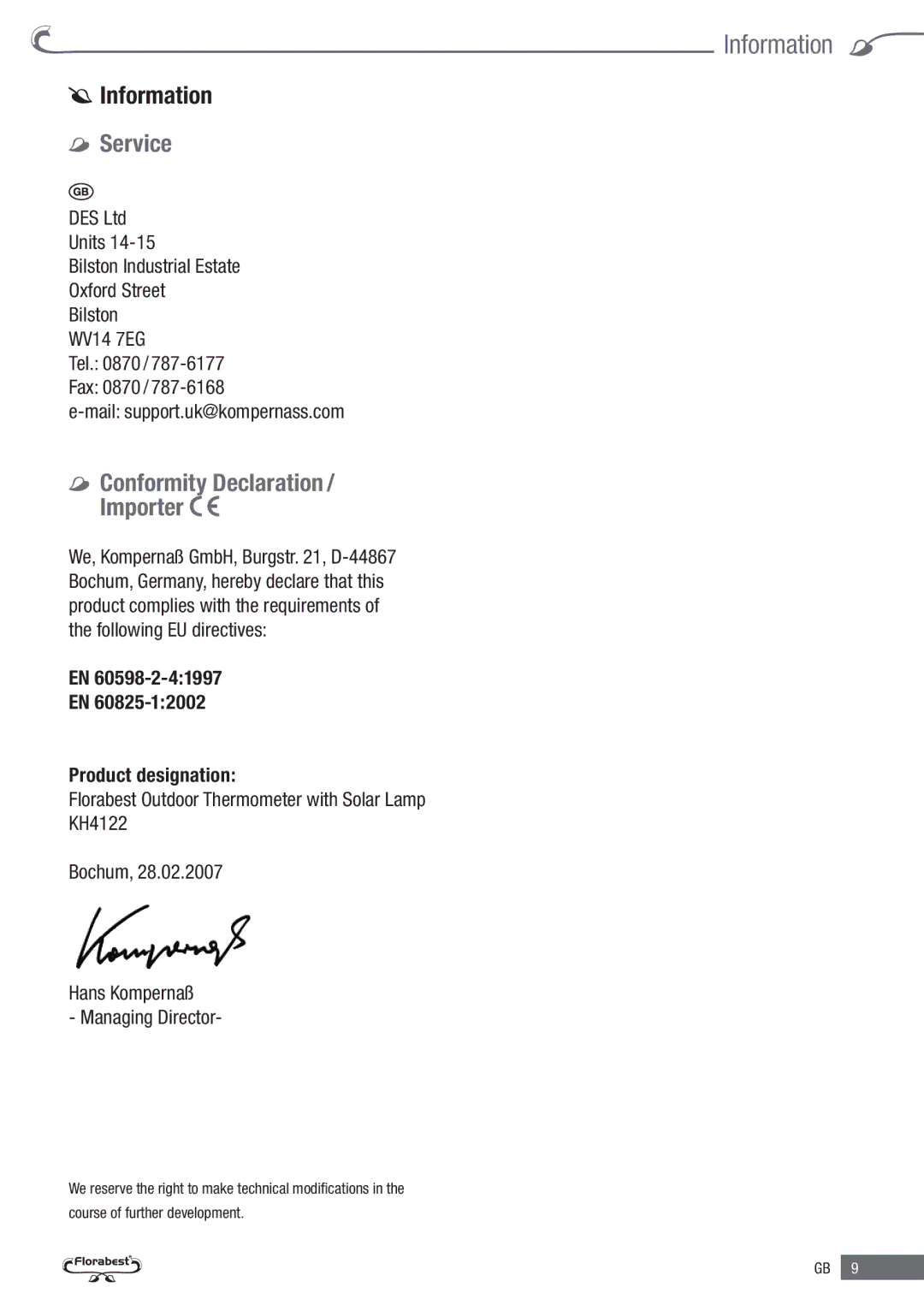 Kompernass KH 4122 manual Information, Service, Conformity Declaration / Importer 