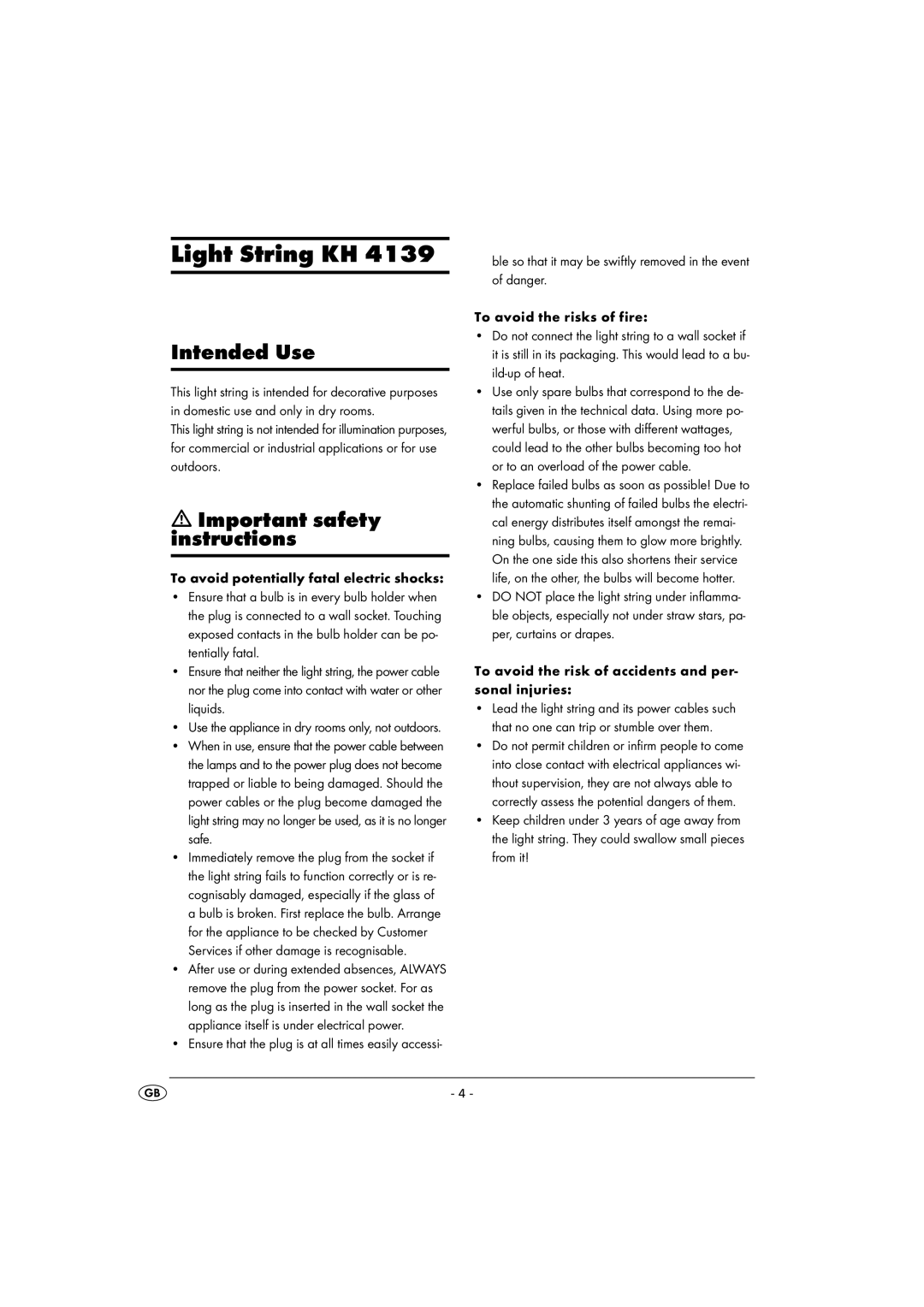 Kompernass KH 4139 manual Light String KH, Intended Use, Important safety instructions 