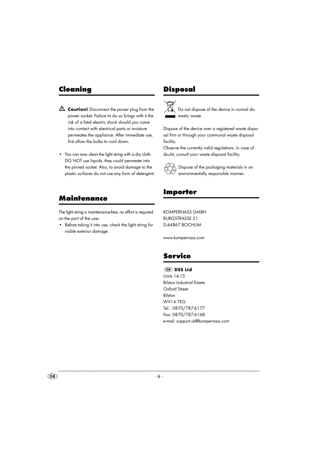 Kompernass KH 4139 manual Cleaning Disposal, Maintenance Importer, Service 