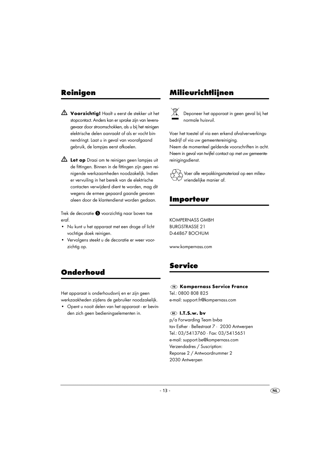 Kompernass KH 4148 operating instructions Reinigen Milieurichtlijnen, Importeur, Onderhoud Service 