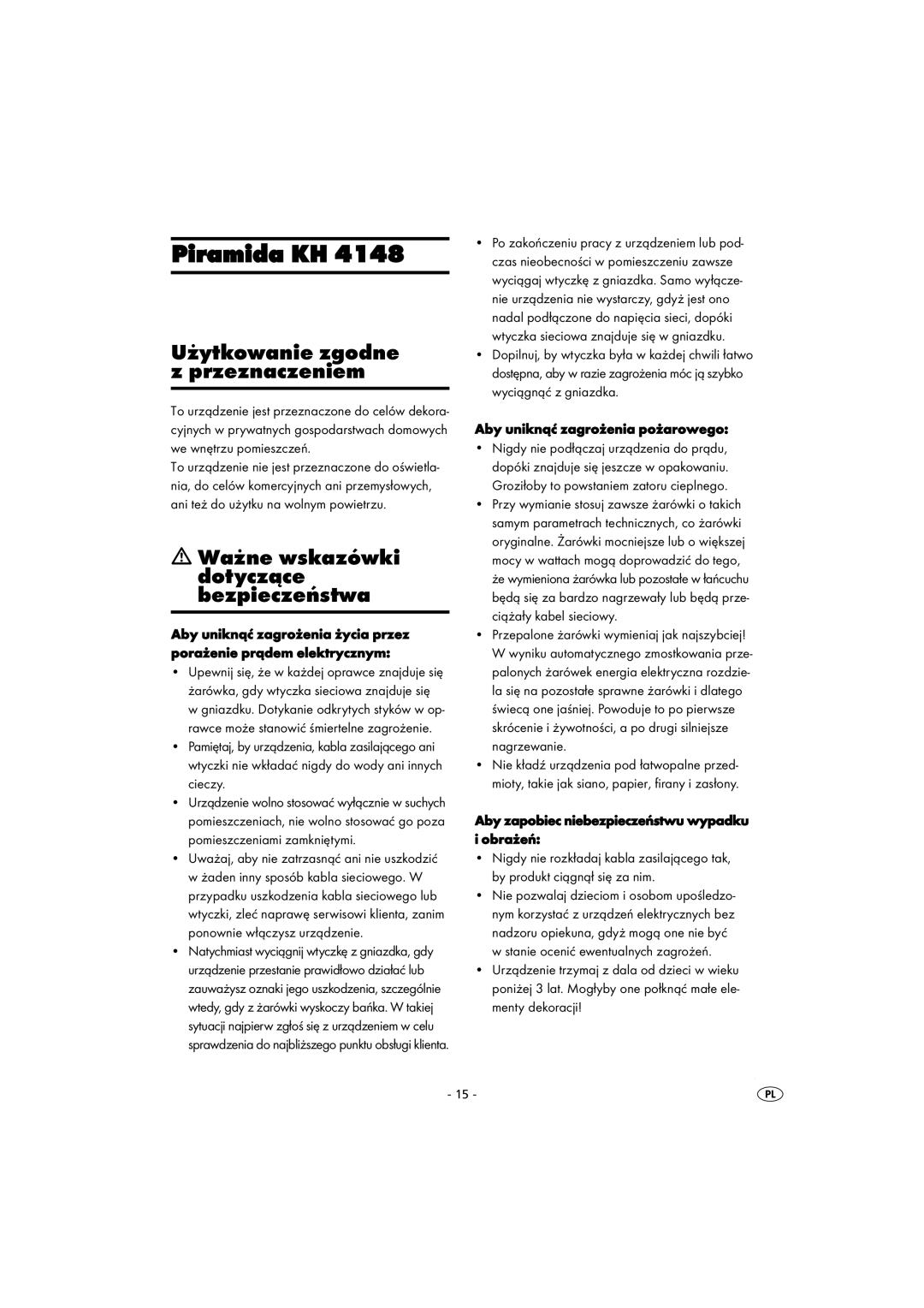 Kompernass KH 4148 operating instructions Użytkowanie zgodne z przeznaczeniem, Ważne wskazówki dotyczące bezpieczeństwa 