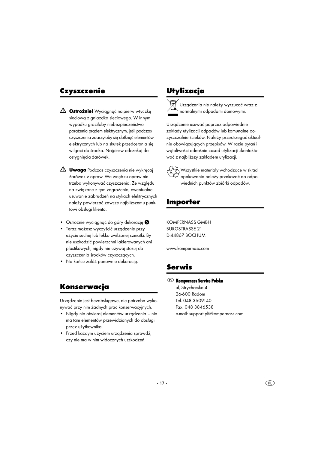 Kompernass KH 4148 operating instructions Czyszczenie Utylizacja, Konserwacja, Importer, Serwis 