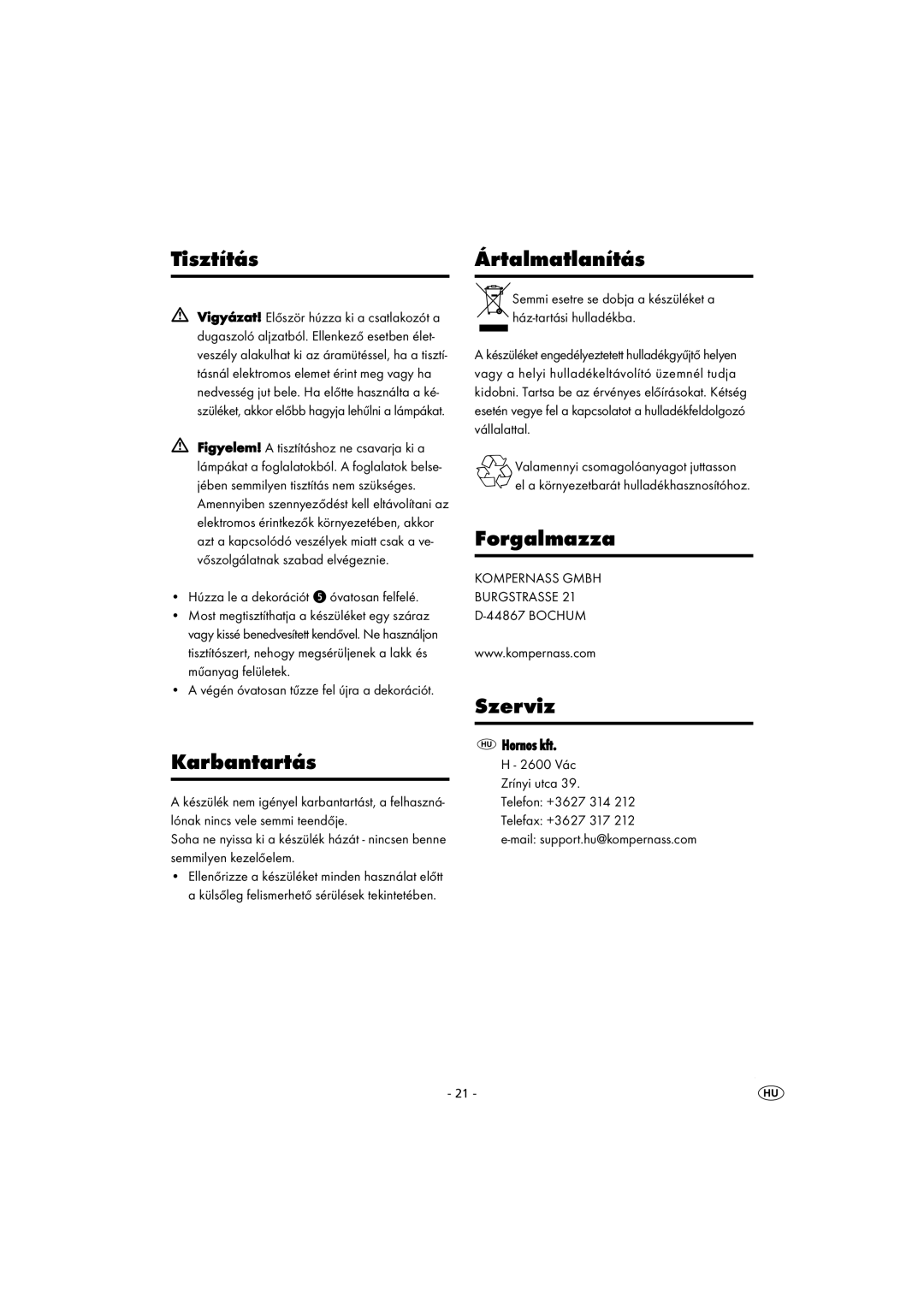 Kompernass KH 4148 operating instructions Tisztítás Ártalmatlanítás, Karbantartás, Forgalmazza, Szerviz 