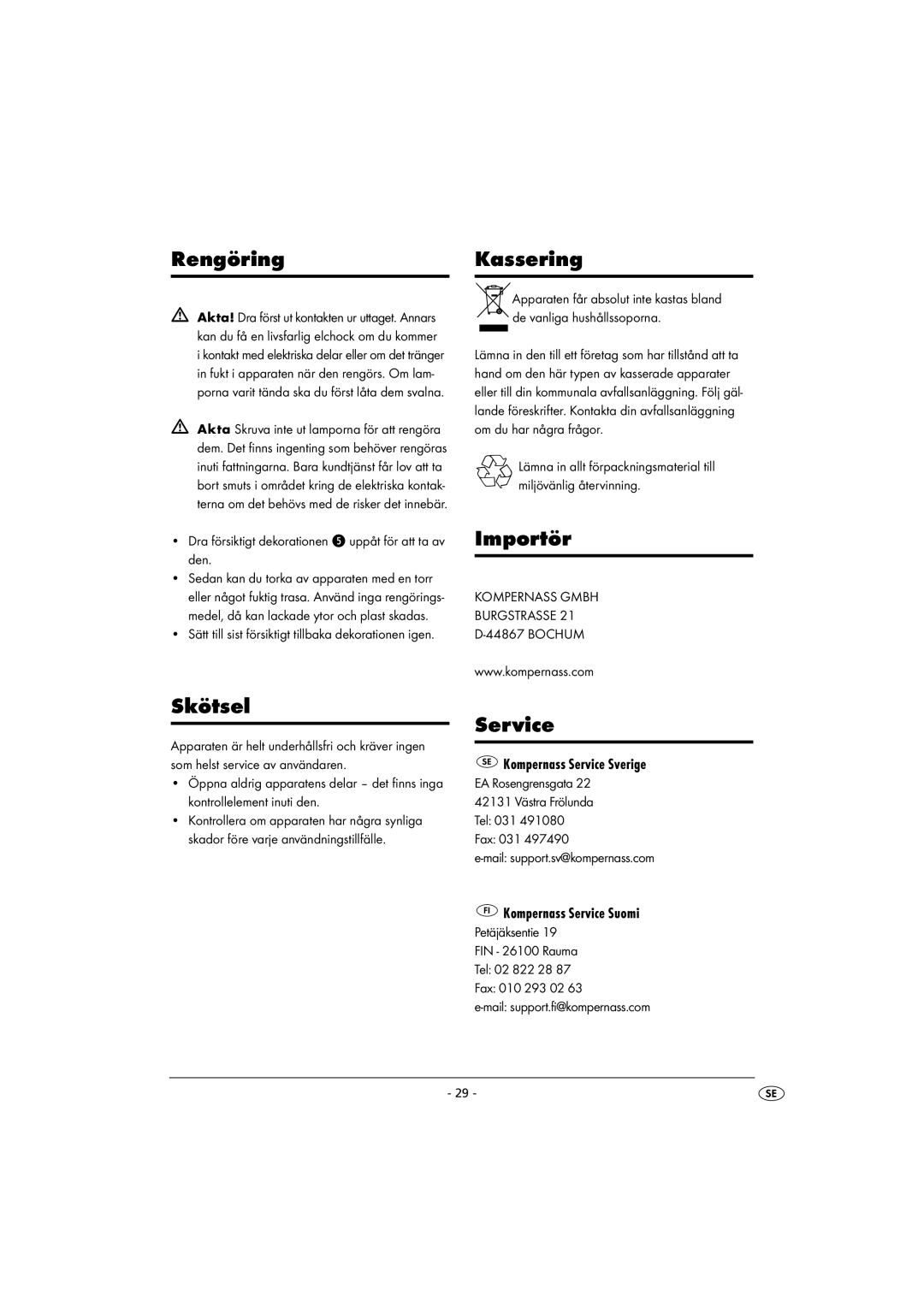 Kompernass KH 4148 operating instructions Rengöring Kassering, Skötsel, Importör 