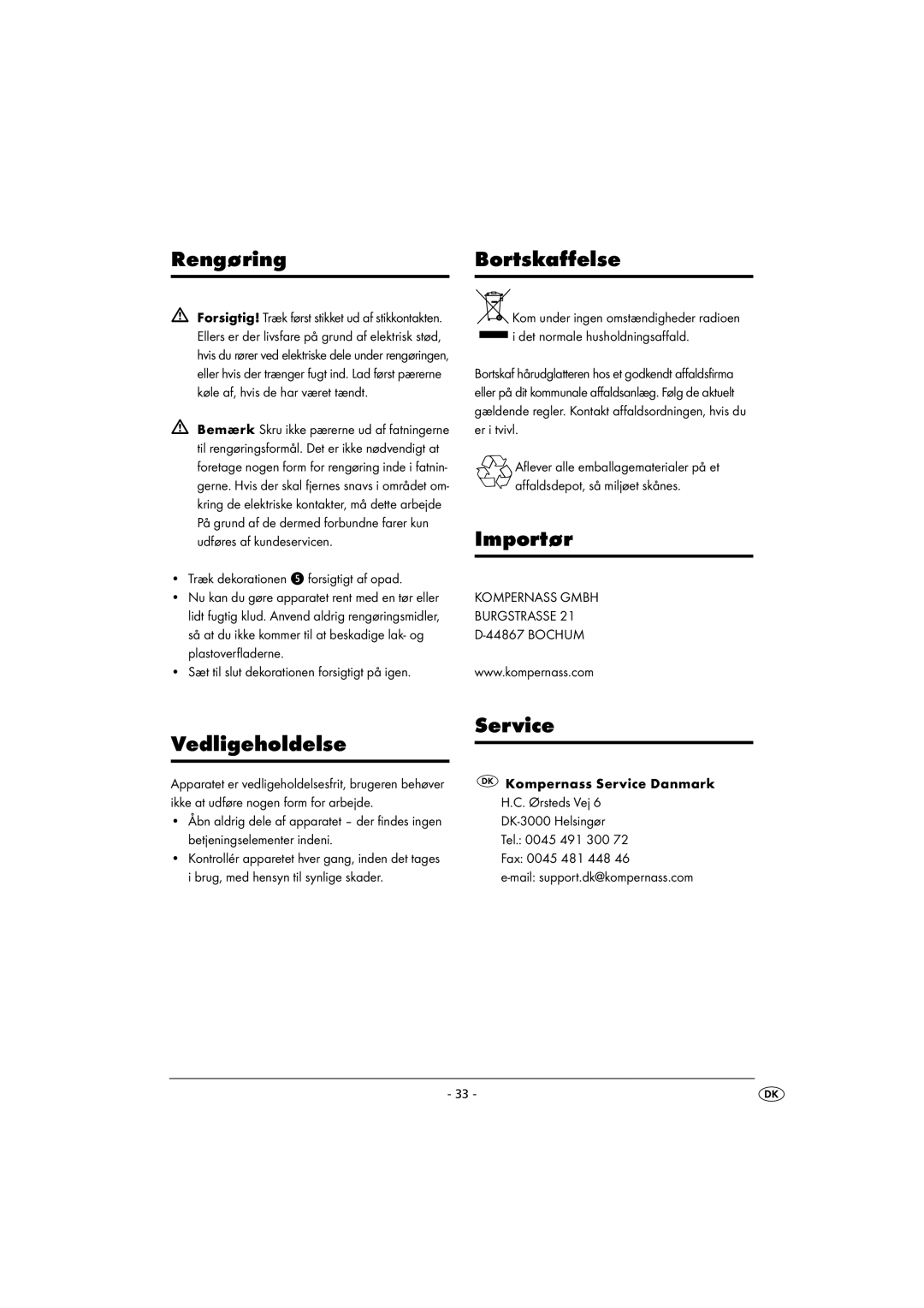 Kompernass KH 4148 operating instructions Rengøring Bortskaffelse, Importør, Vedligeholdelse Service 