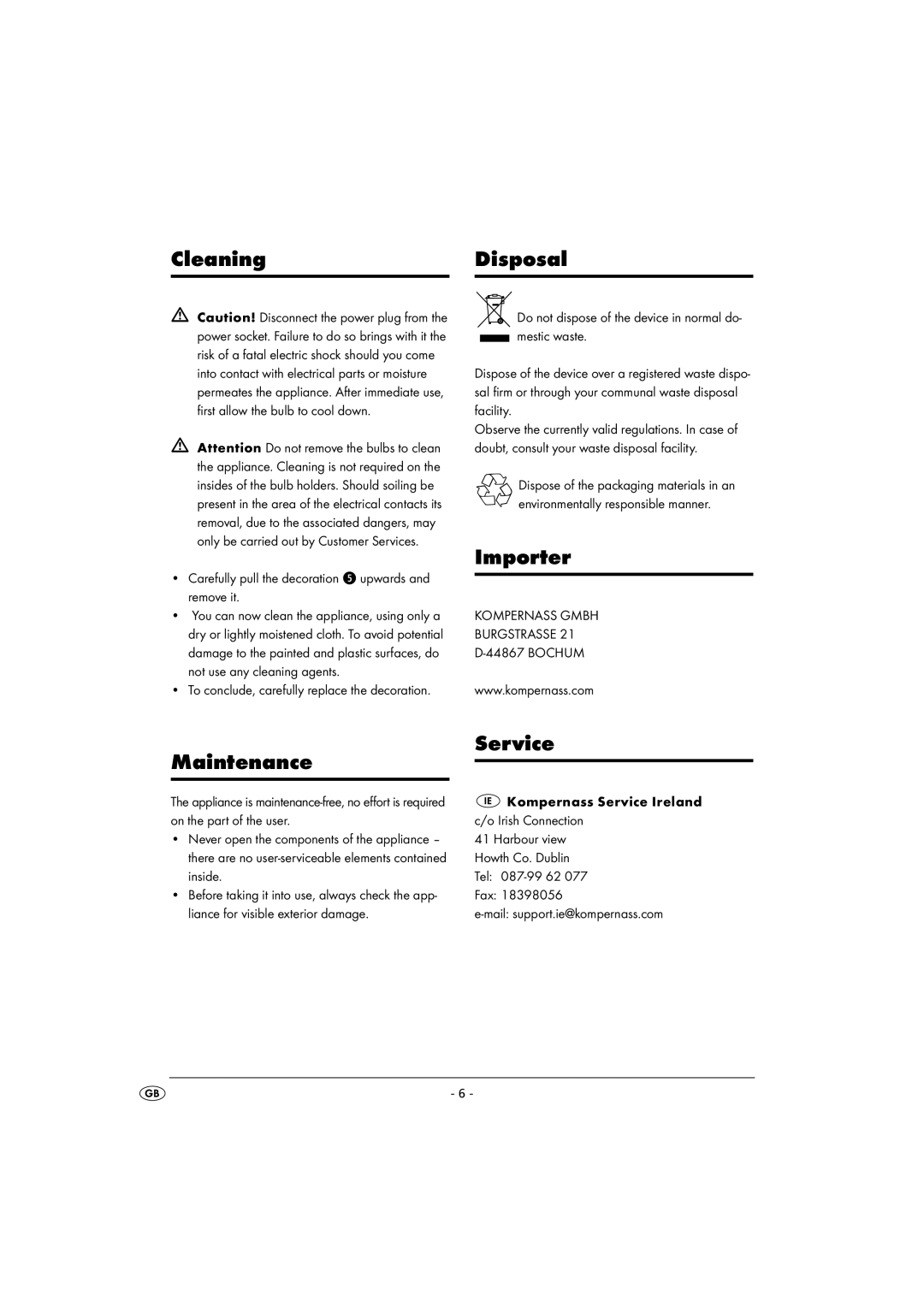 Kompernass KH 4148 operating instructions Cleaning Disposal, Importer, Maintenance Service 