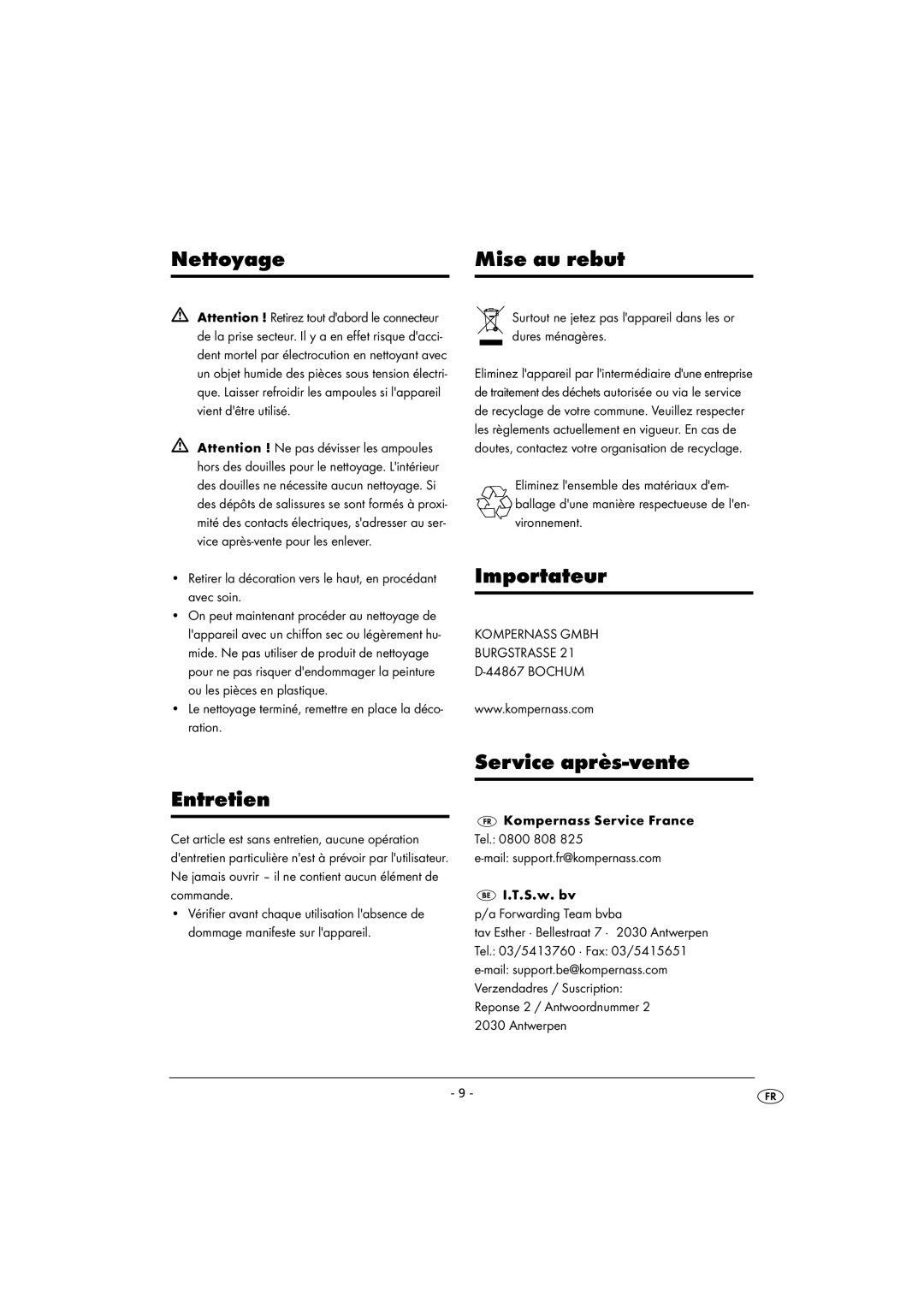 Kompernass KH 4148 operating instructions Nettoyage Mise au rebut, Importateur, Service après-vente Entretien 