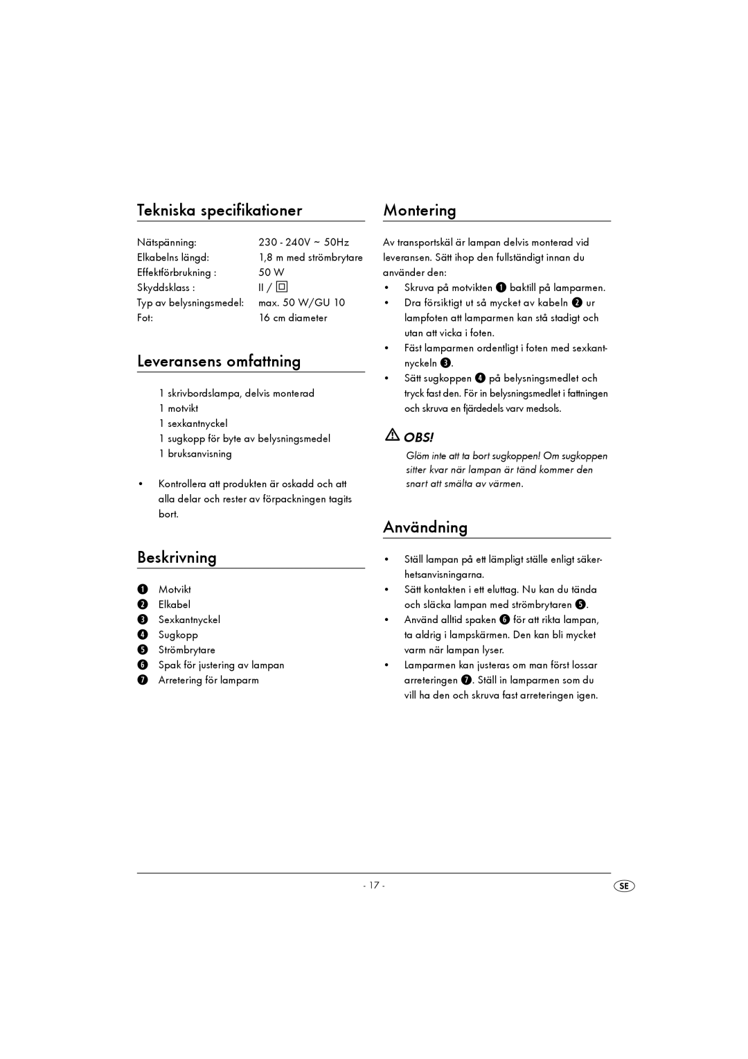 Kompernass KH 4164 Tekniska specifikationer, Leveransens omfattning, Beskrivning, Montering, Användning 