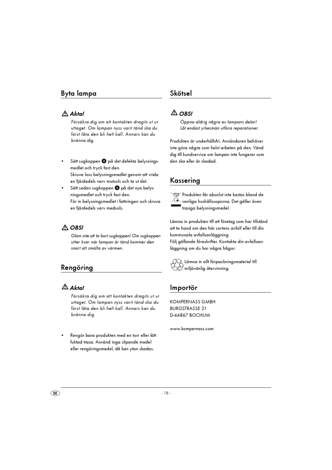Kompernass KH 4164 operating instructions Byta lampa, Rengöring, Skötsel, Kassering, Importör 