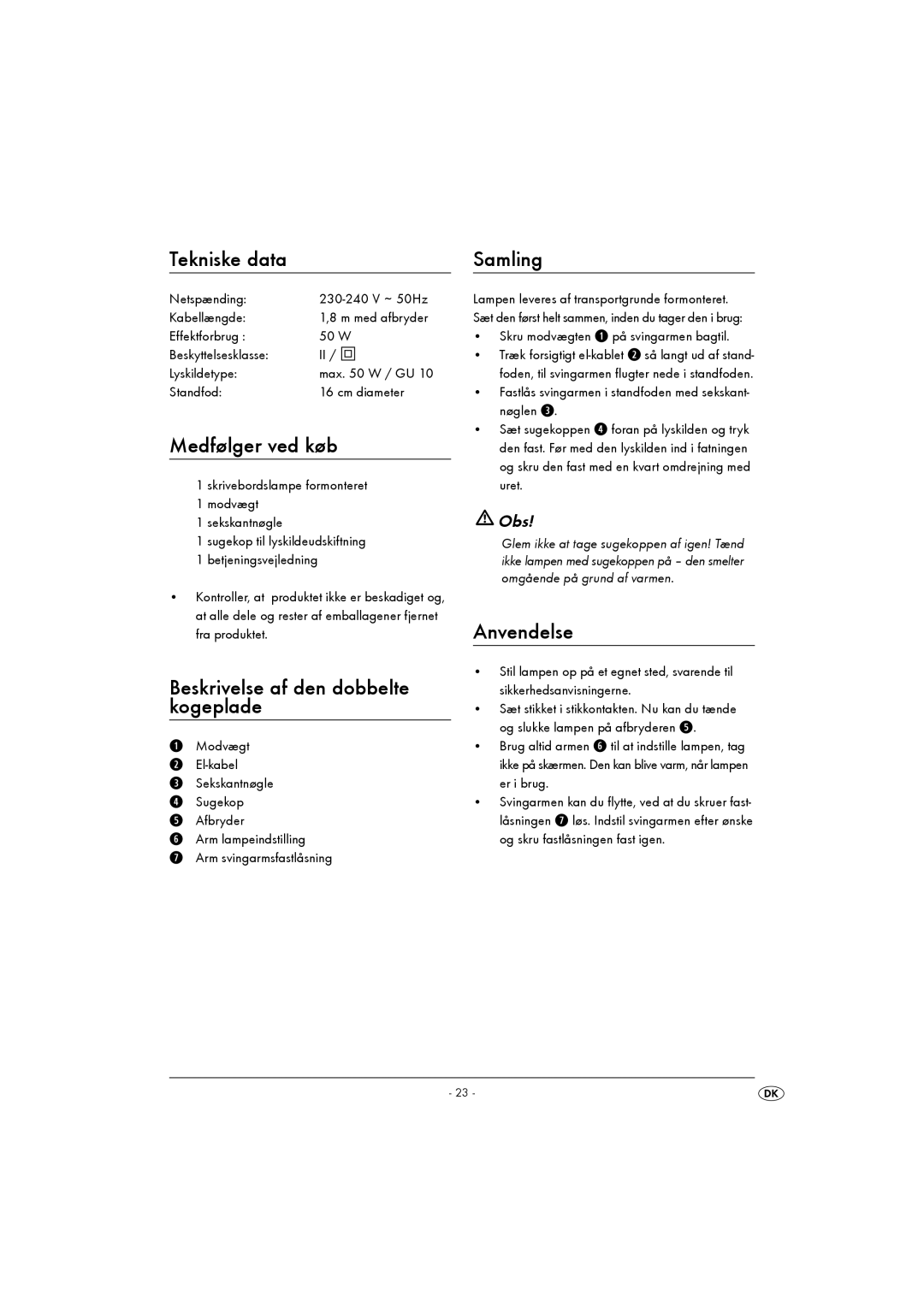 Kompernass KH 4164 Tekniske data, Medfølger ved køb, Beskrivelse af den dobbelte kogeplade, Samling, Anvendelse 