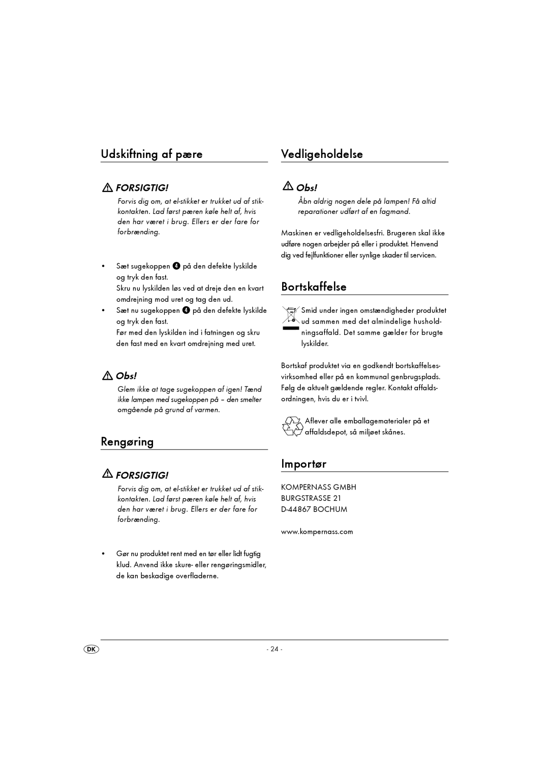 Kompernass KH 4164 operating instructions Udskiftning af pære, Rengøring, Vedligeholdelse, Bortskaffelse, Importør 