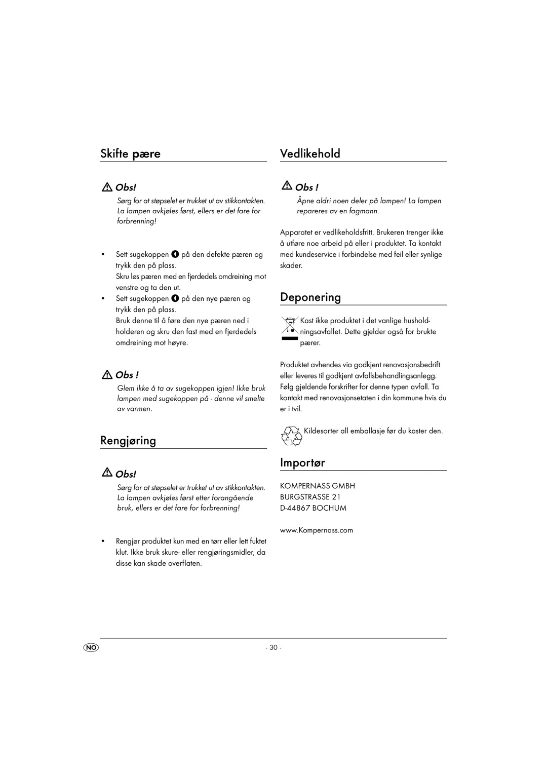 Kompernass KH 4164 operating instructions Skifte pære, Rengjøring, Vedlikehold, Deponering 