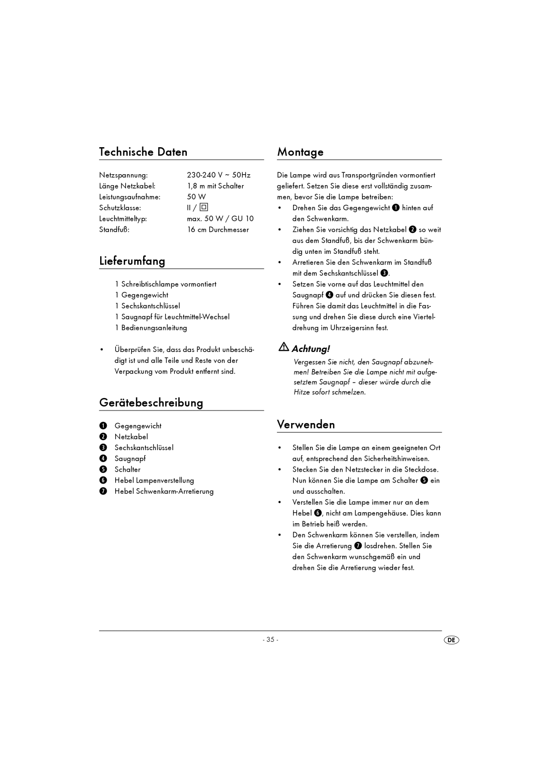 Kompernass KH 4164 operating instructions Technische Daten, Lieferumfang, Gerätebeschreibung, Montage, Verwenden 