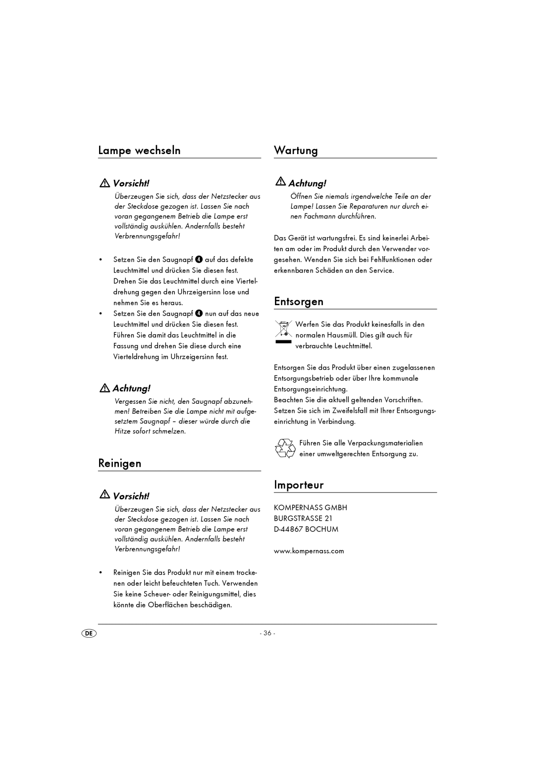 Kompernass KH 4164 operating instructions Lampe wechseln, Reinigen, Wartung, Entsorgen, Importeur 