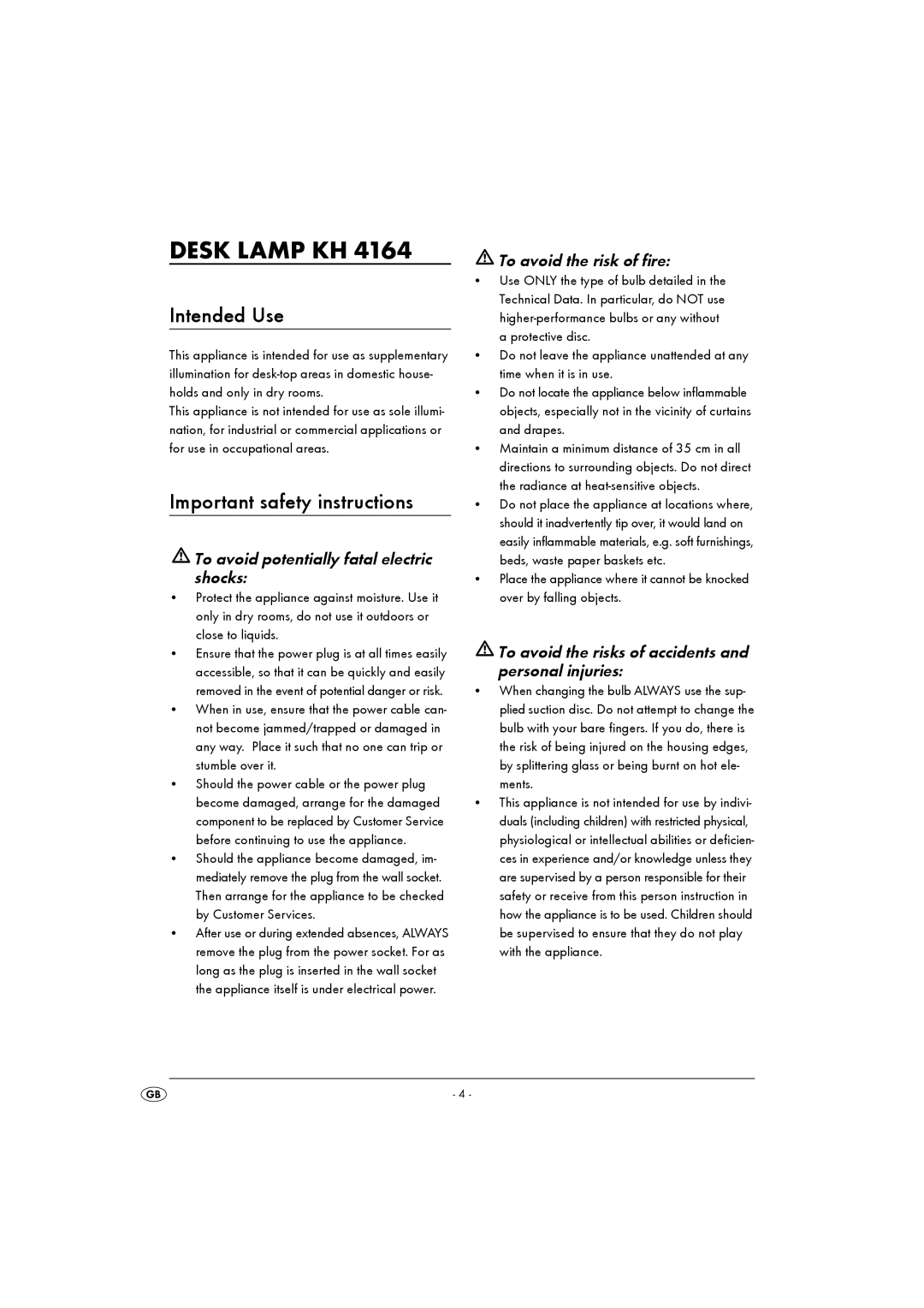 Kompernass KH 4164 operating instructions Desk Lamp KH, Intended Use, Important safety instructions 