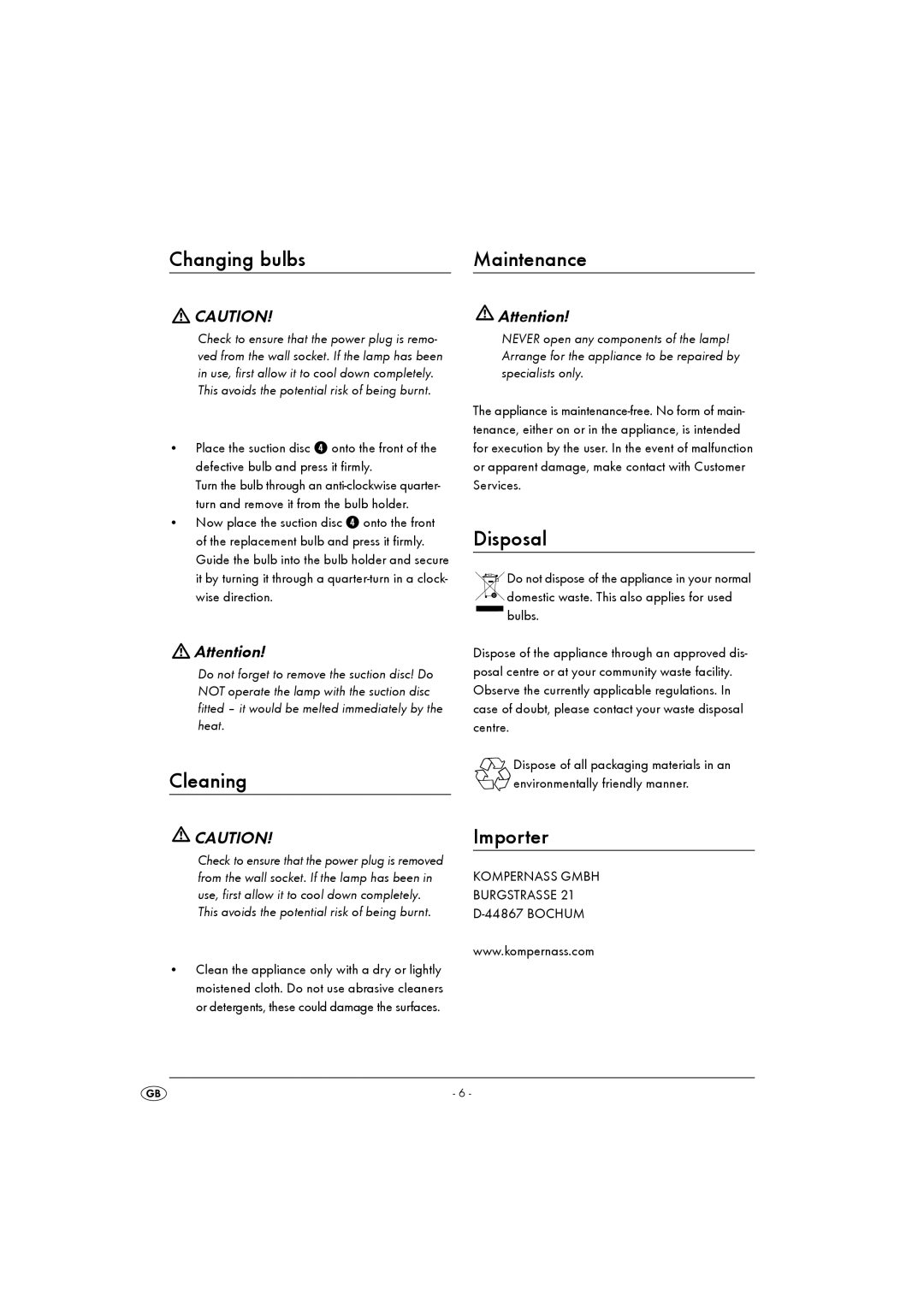 Kompernass KH 4164 operating instructions Changing bulbs, Cleaning, Maintenance, Disposal, Importer 