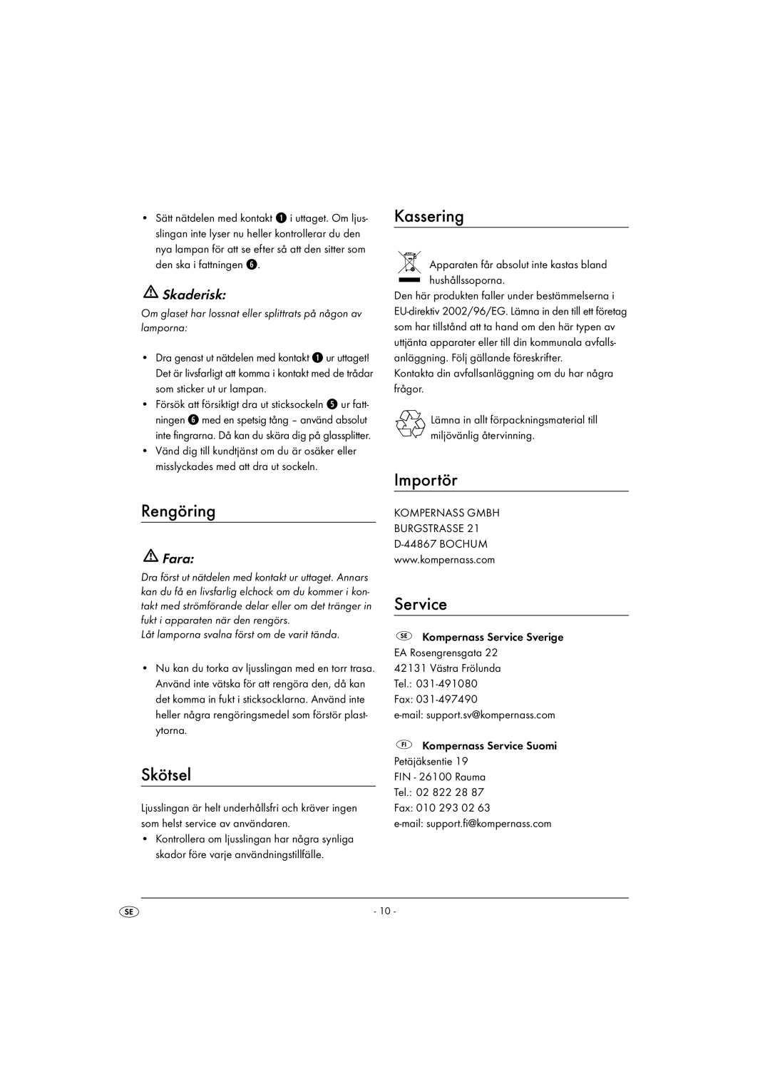 Kompernass KH 4168 manual Rengöring, Skötsel, Kassering, Importör 