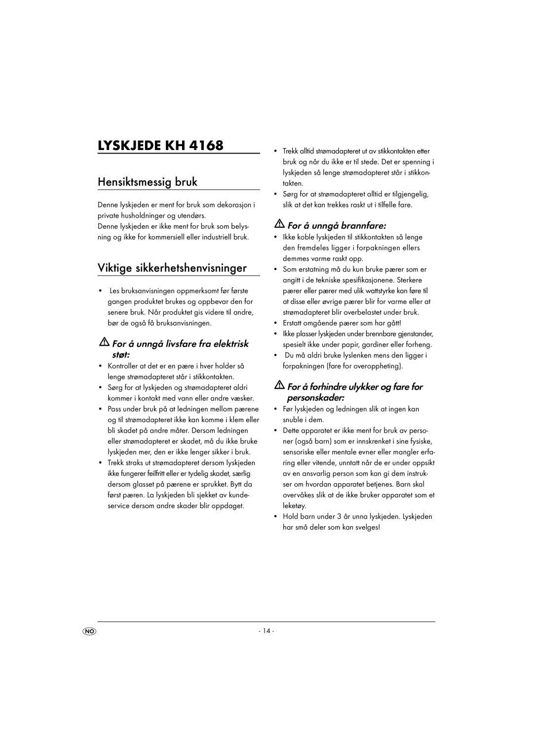 Kompernass KH 4168 manual Lyskjede KH, Hensiktsmessig bruk, Viktige sikkerhetshenvisninger 