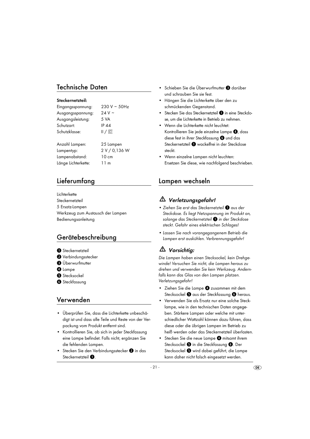 Kompernass KH 4168 manual Technische Daten, Lieferumfang Lampen wechseln, Gerätebeschreibung, Verwenden 