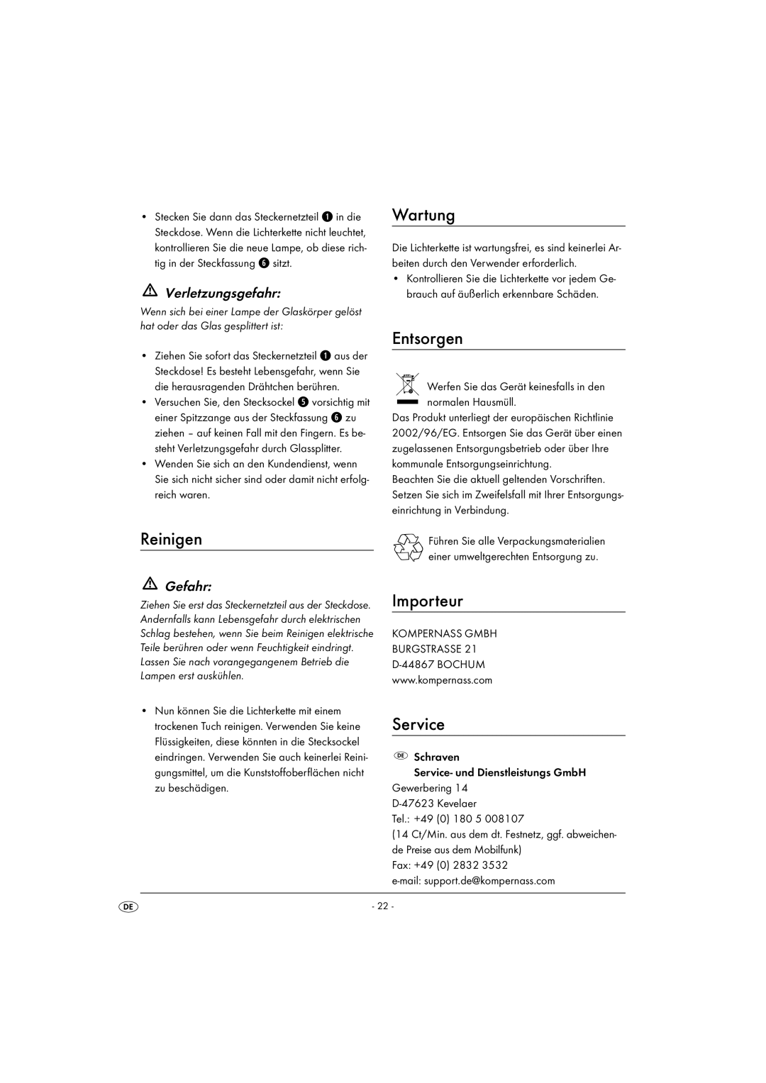 Kompernass KH 4168 manual Reinigen, Wartung, Entsorgen, Importeur, Gefahr 