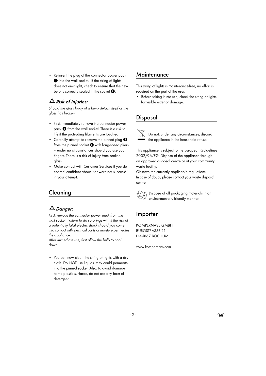 Kompernass KH 4168 manual Cleaning, Maintenance, Disposal, Importer, Risk of Injuries 