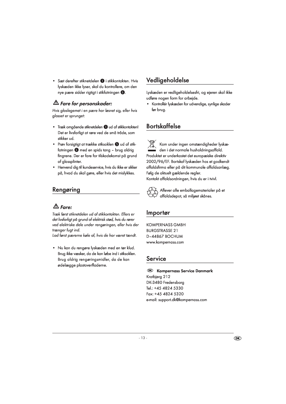 Kompernass KH 4168 manual Rengøring, Vedligeholdelse, Bortskaffelse, Importør, Fare for personskader, Service 