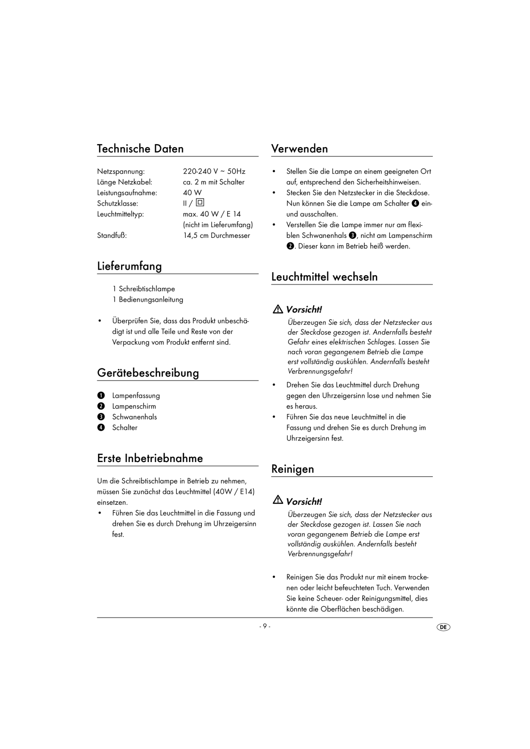 Kompernass KH 4169 manual Technische Daten, Lieferumfang, Gerätebeschreibung, Verwenden, Leuchtmittel wechseln, Reinigen 