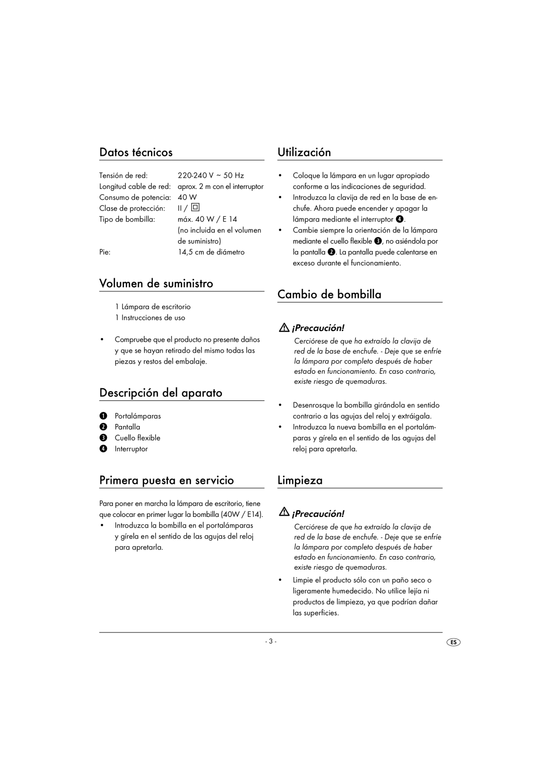 Kompernass KH 4169 manual Utilización, Volumen de suministro, Descripción del aparato, Cambio de bombilla 