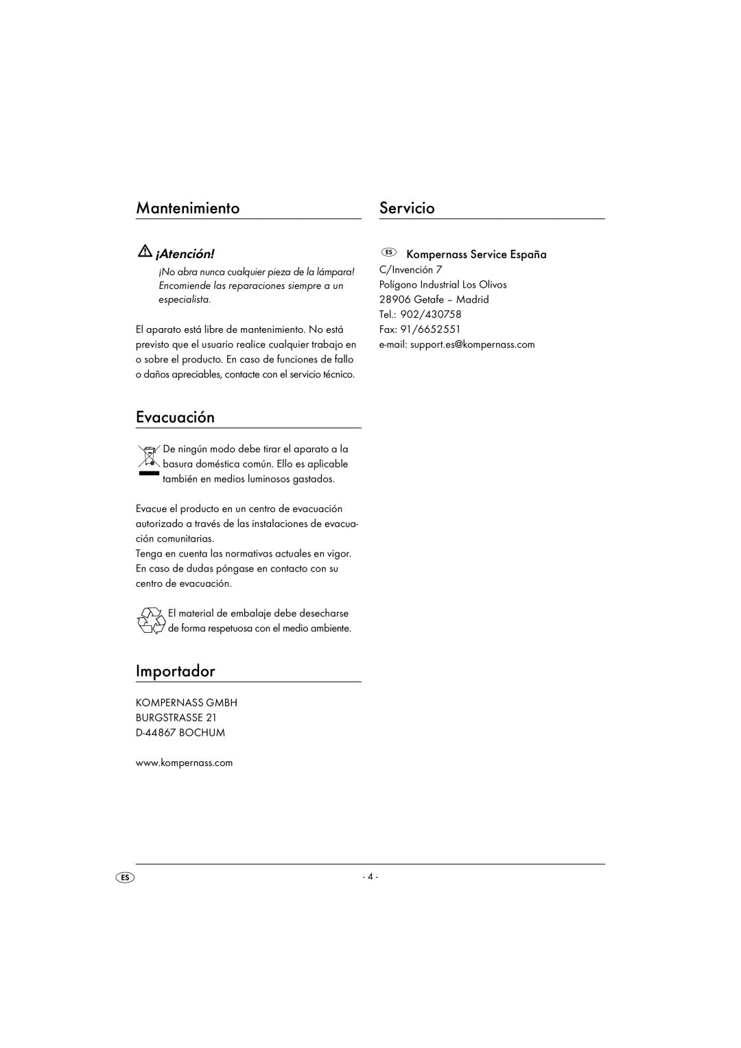 Kompernass KH 4169 manual Mantenimiento Servicio, Evacuación, Importador, ¡Atención, Bochum 