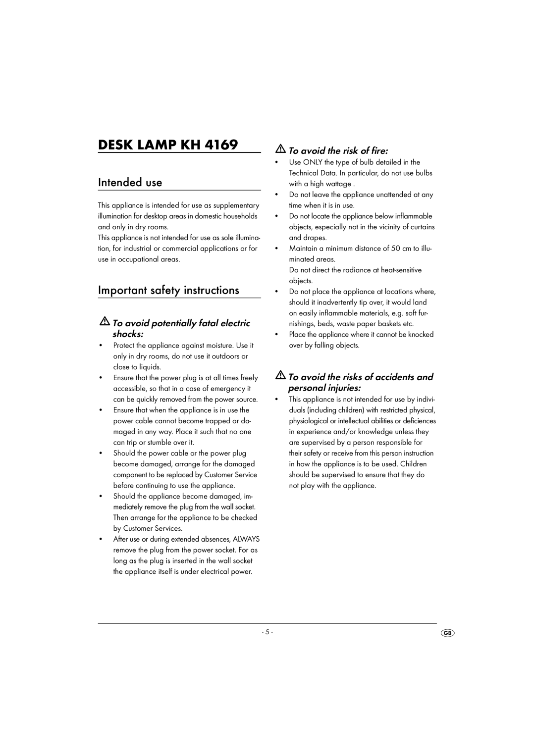 Kompernass KH 4169 manual Intended use, Important safety instructions, To avoid potentially fatal electric shocks 