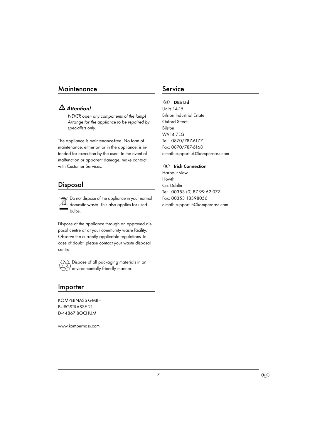 Kompernass KH 4169 manual Maintenance Service, Disposal, Importer 