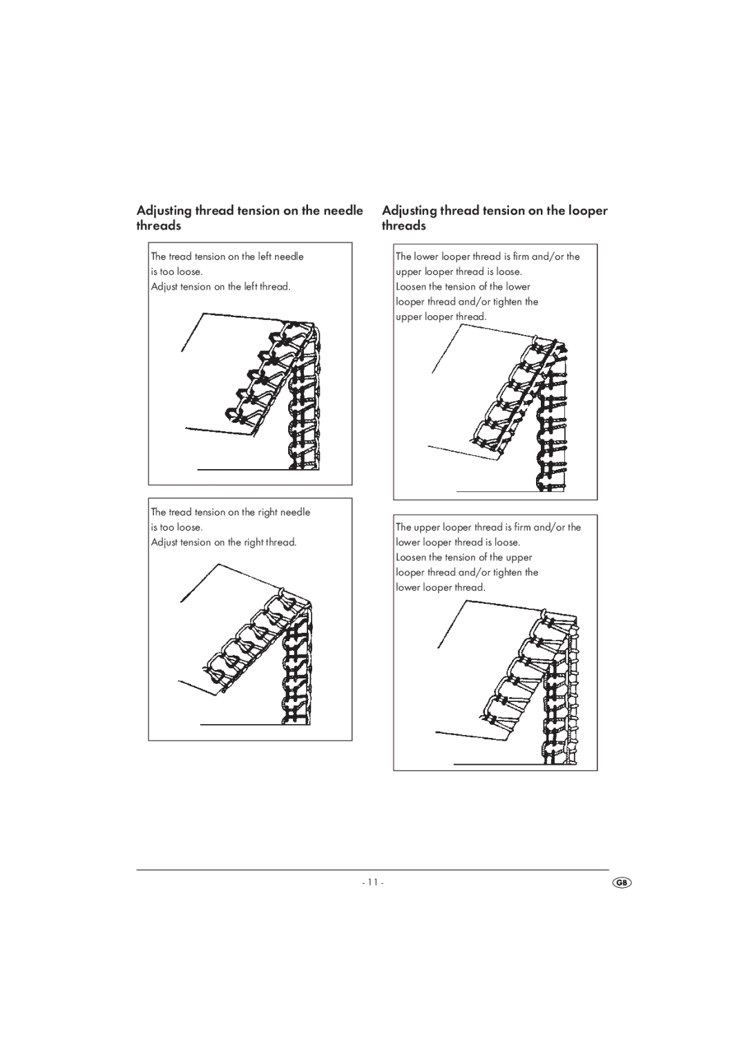 Kompernass KH 4300 manual Adjusting thread tension on the needle threads, Adjusting thread tension on the looper threads 