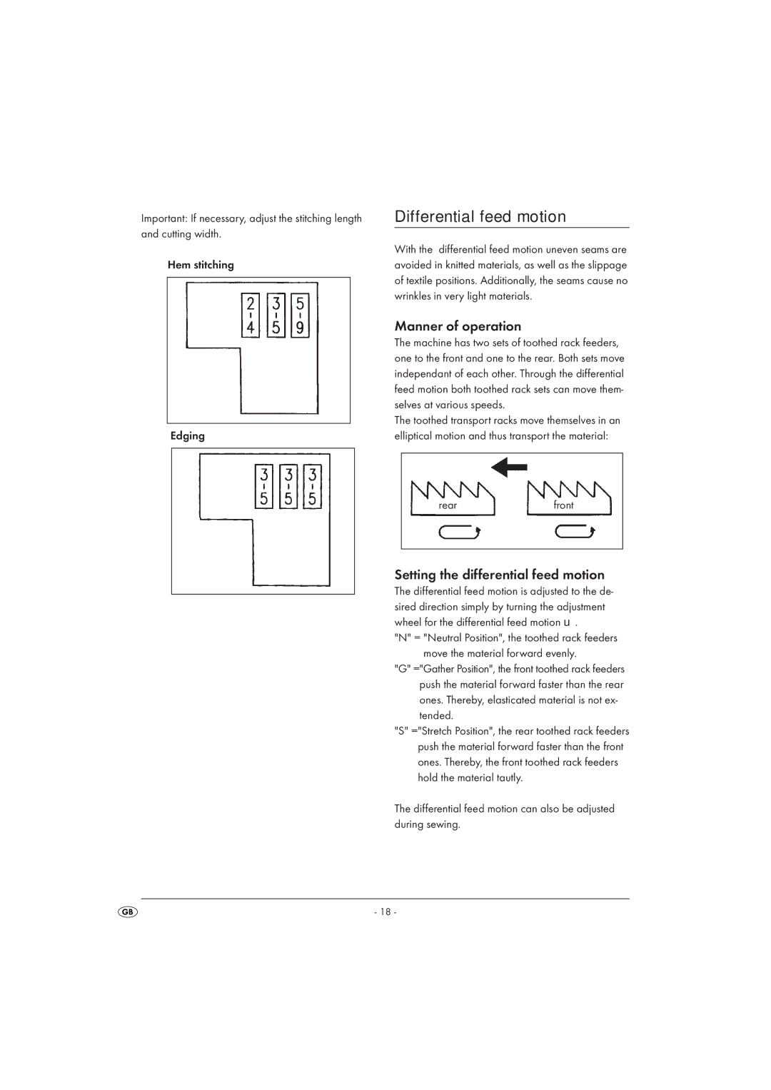 Kompernass KH 4300 manual Differential feed motion, Manner of operation, Setting the differential feed motion, Rearfront 