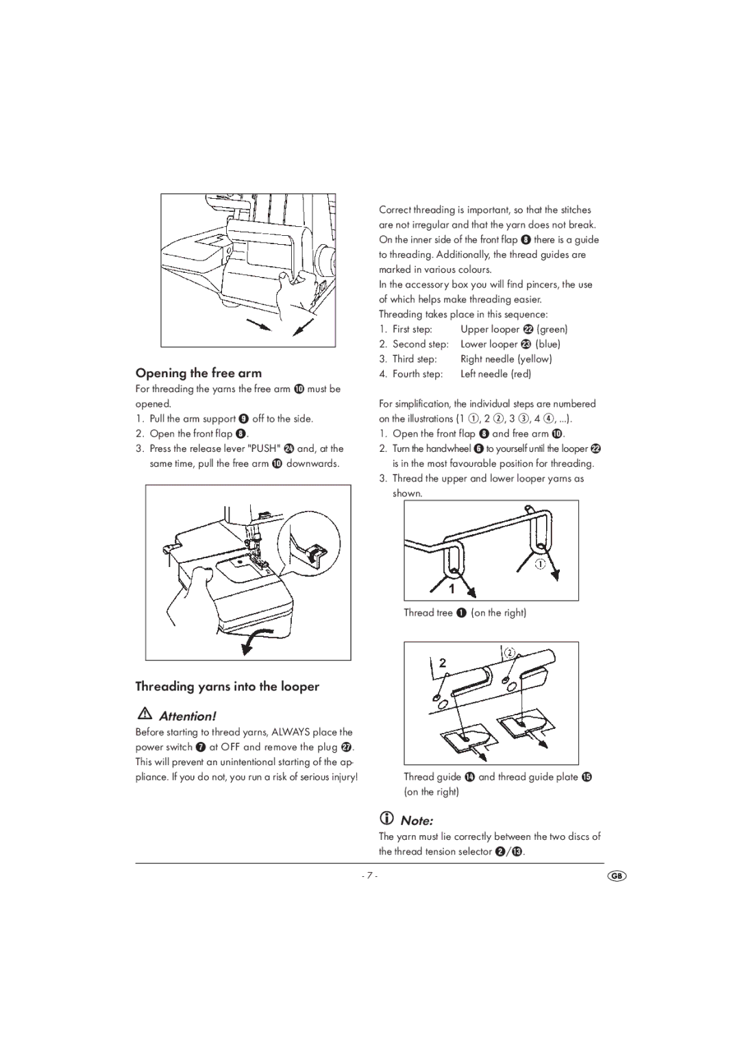 Kompernass KH 4300 manual Opening the free arm, Threading yarns into the looper 