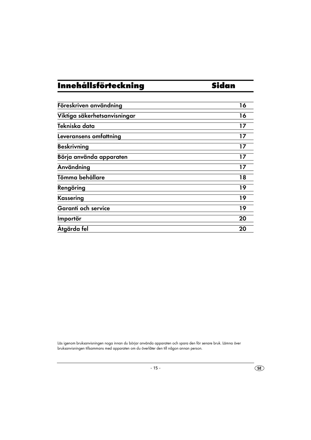 Kompernass KH 4405 manual Innehållsförteckning Sidan 