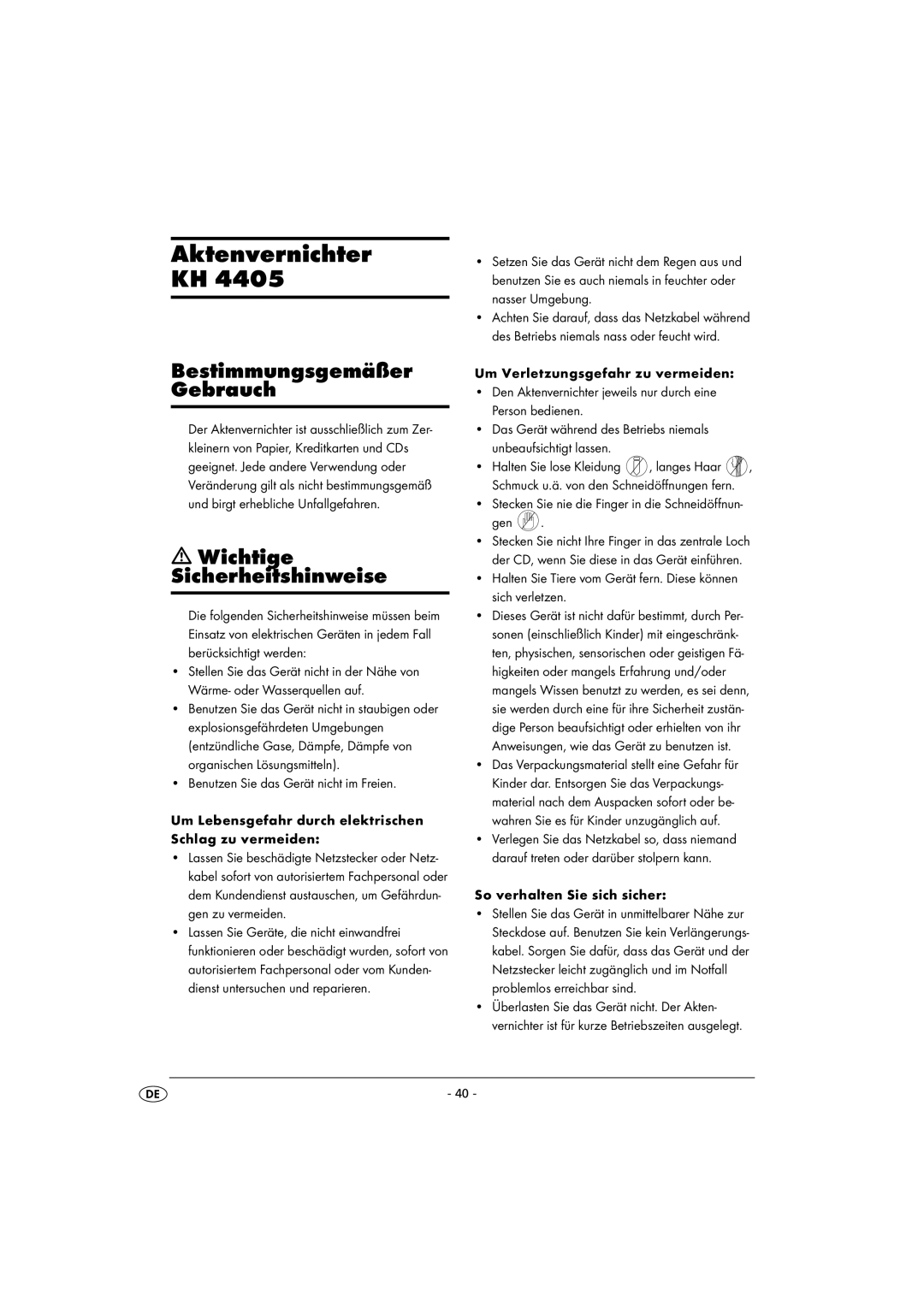 Kompernass KH 4405 manual Aktenvernichter, Bestimmungsgemäßer Gebrauch, Wichtige Sicherheitshinweise, Gen 