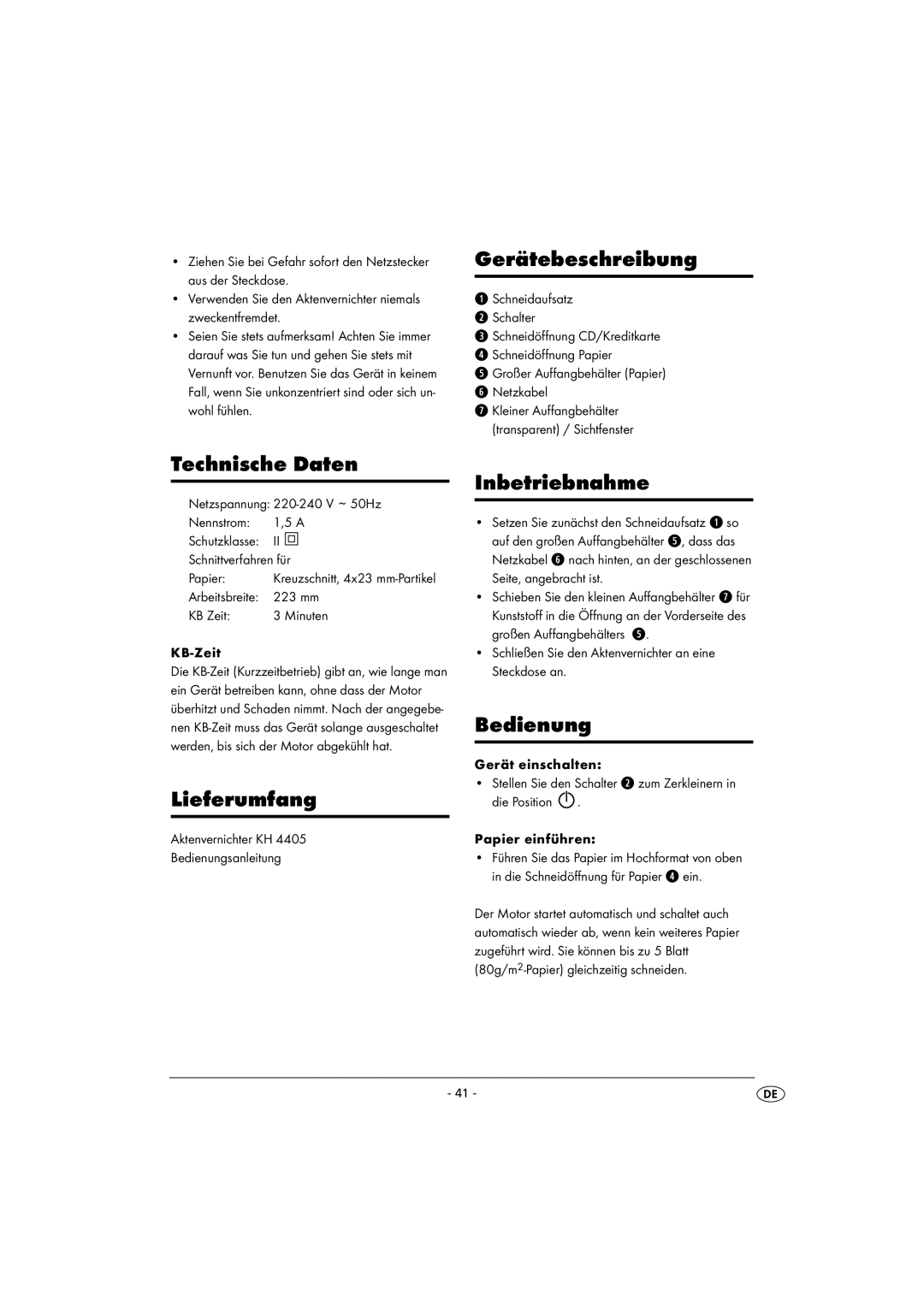 Kompernass KH 4405 manual Gerätebeschreibung, Technische Daten, Lieferumfang, Inbetriebnahme, Bedienung 