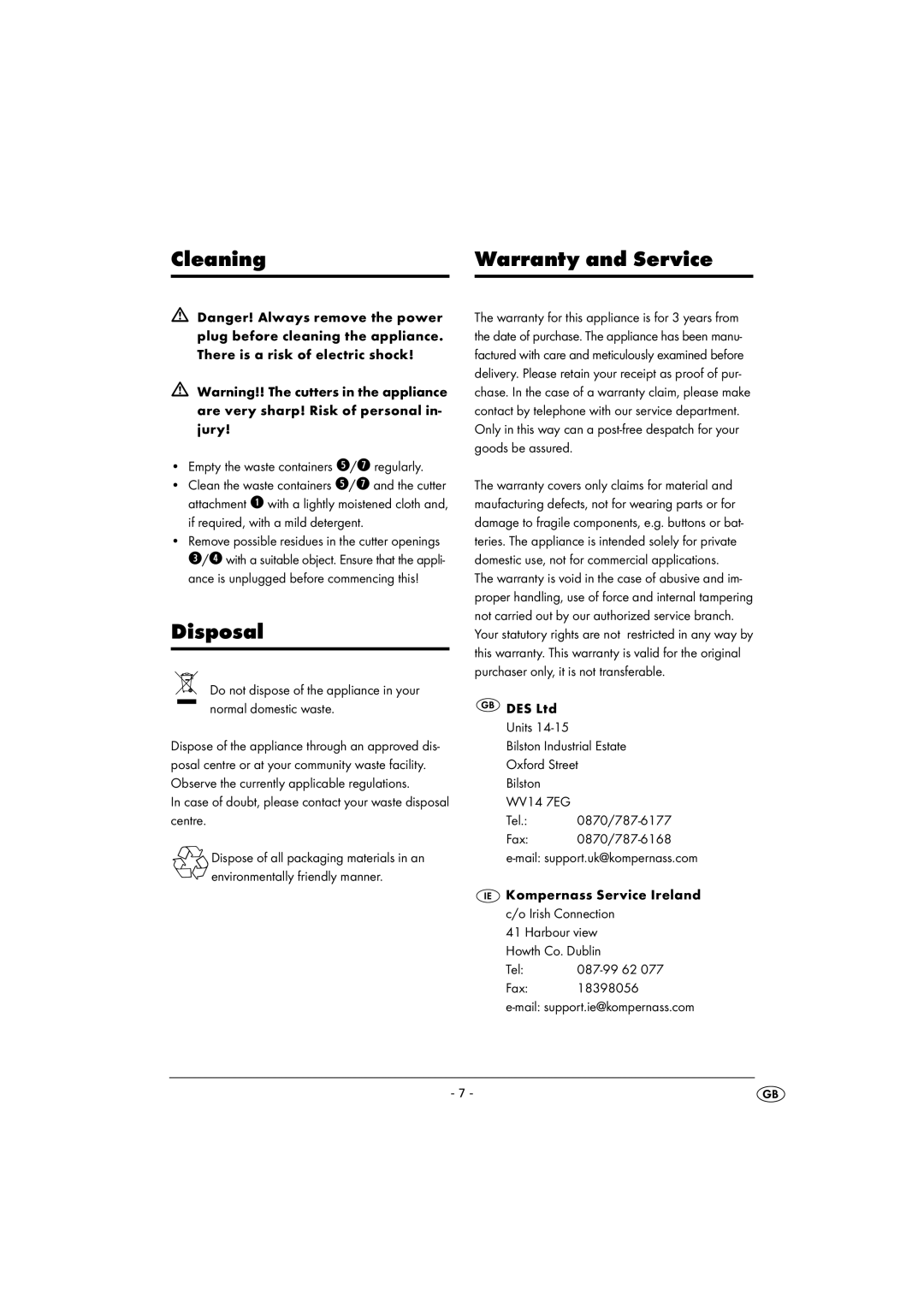 Kompernass KH 4405 manual Cleaning Warranty and Service, Disposal 