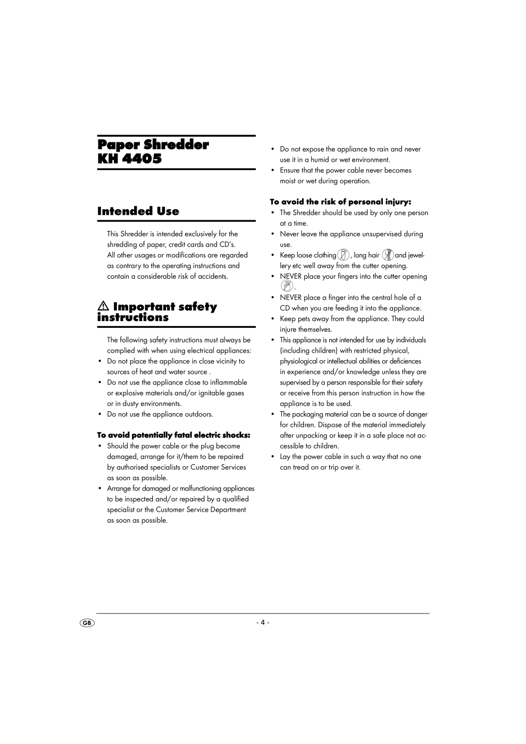 Kompernass KH 4405 manual Paper Shredder KH, Intended Use, Important safety instructions 