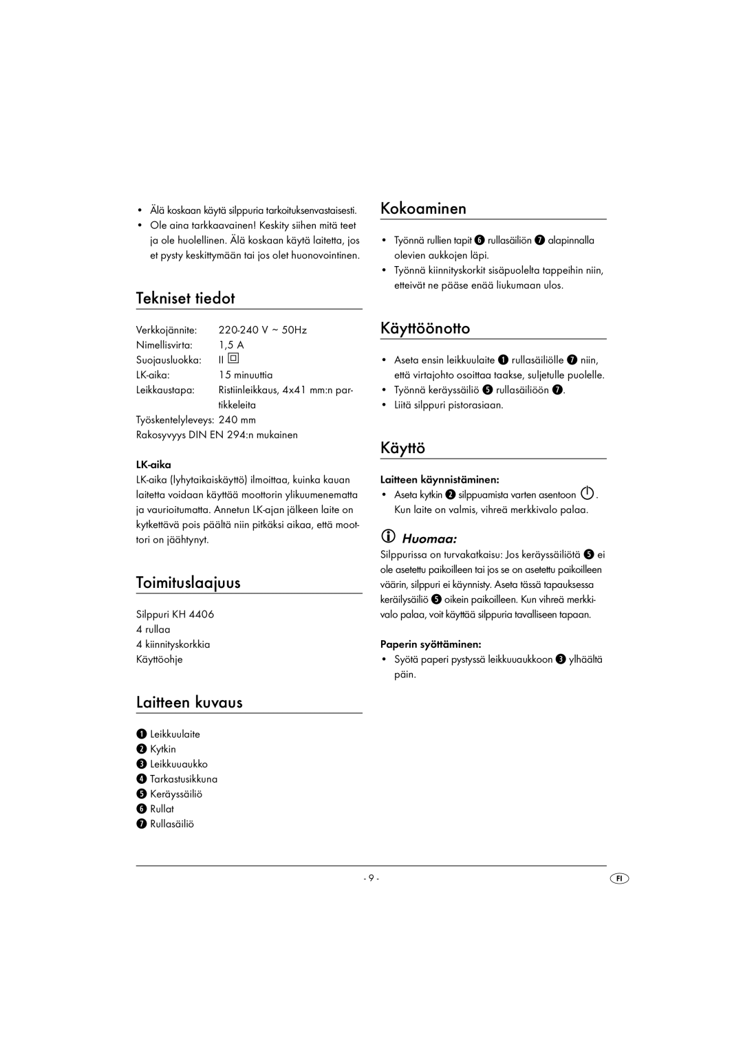 Kompernass KH 4406 manual Tekniset tiedot, Toimituslaajuus, Laitteen kuvaus, Kokoaminen, Käyttöönotto 