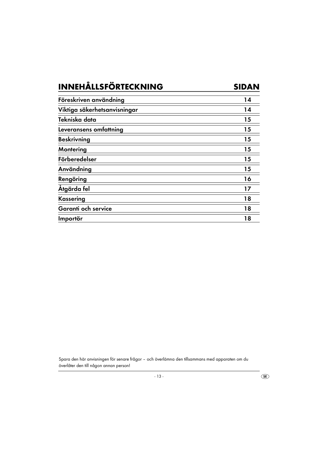 Kompernass KH 4406 manual Innehållsförteckning Sidan 