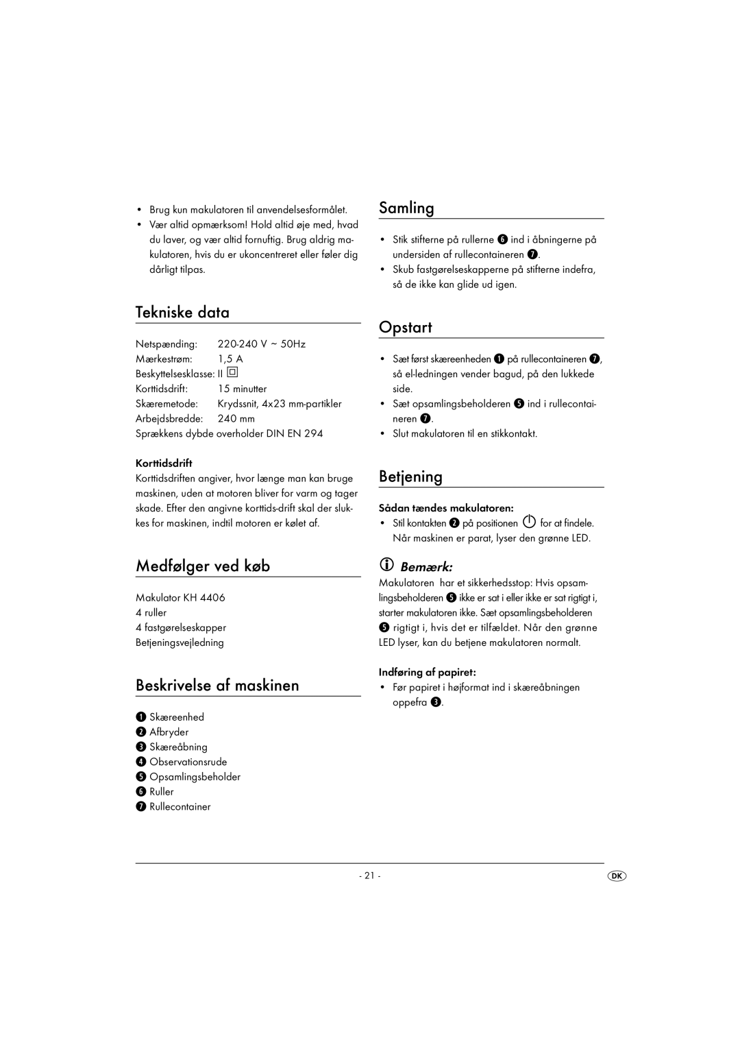 Kompernass KH 4406 manual Samling, Tekniske data, Opstart, Betjening, Medfølger ved køb 