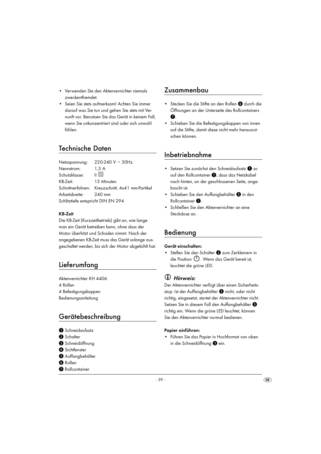 Kompernass KH 4406 manual Zusammenbau, Technische Daten, Lieferumfang, Gerätebeschreibung, Inbetriebnahme, Bedienung 