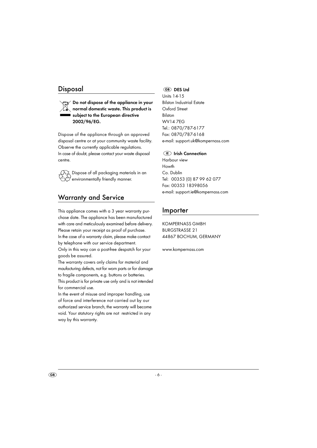 Kompernass KH 4406 manual Disposal, Warranty and Service, Importer 