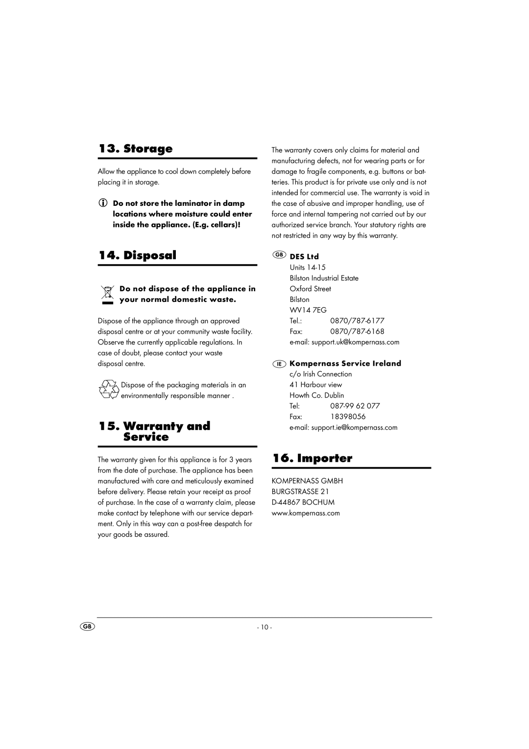 Kompernass KH 4412 manual Storage, Disposal, Warranty and Service, Importer 