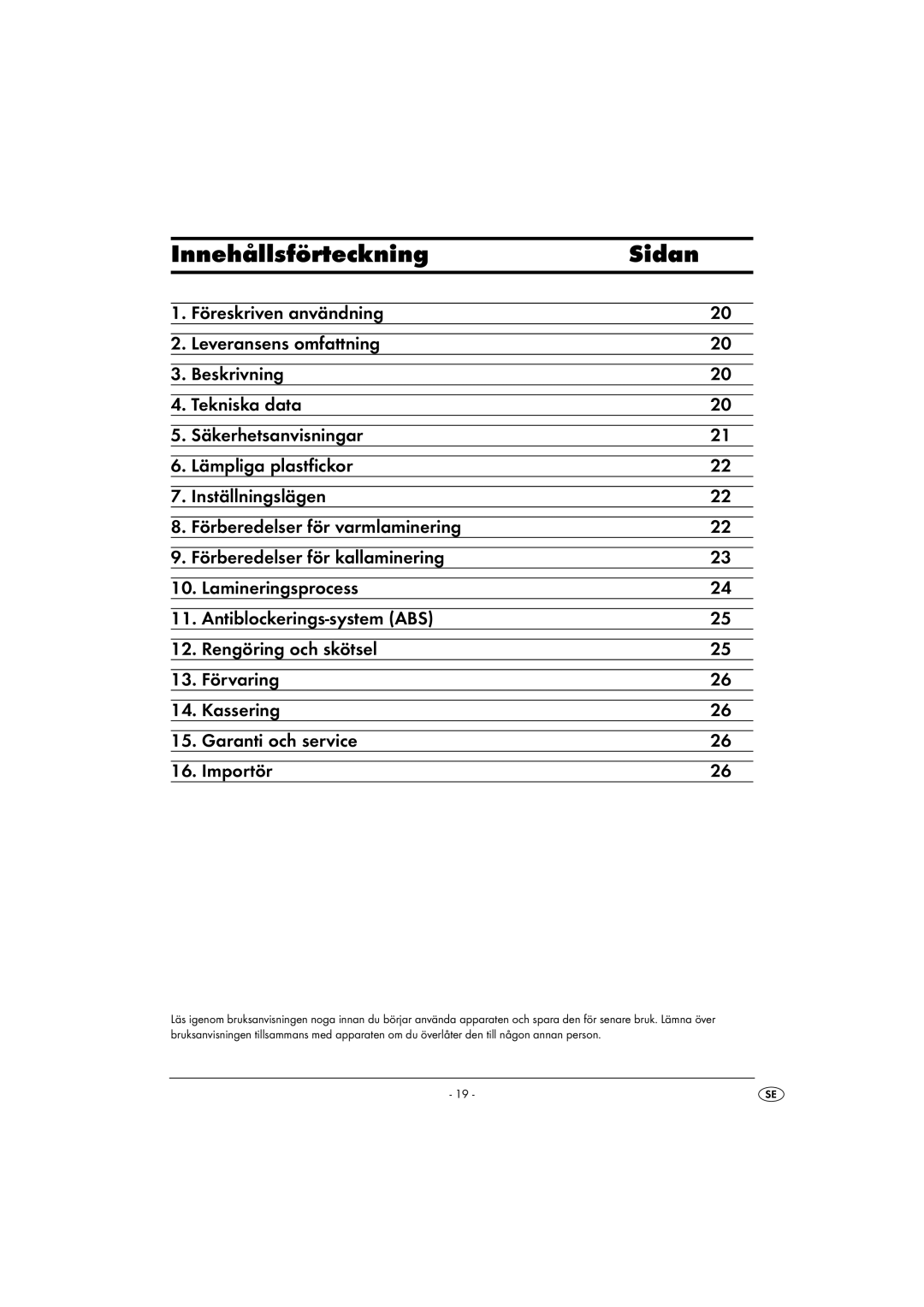 Kompernass KH 4412 manual Innehållsförteckning Sidan 