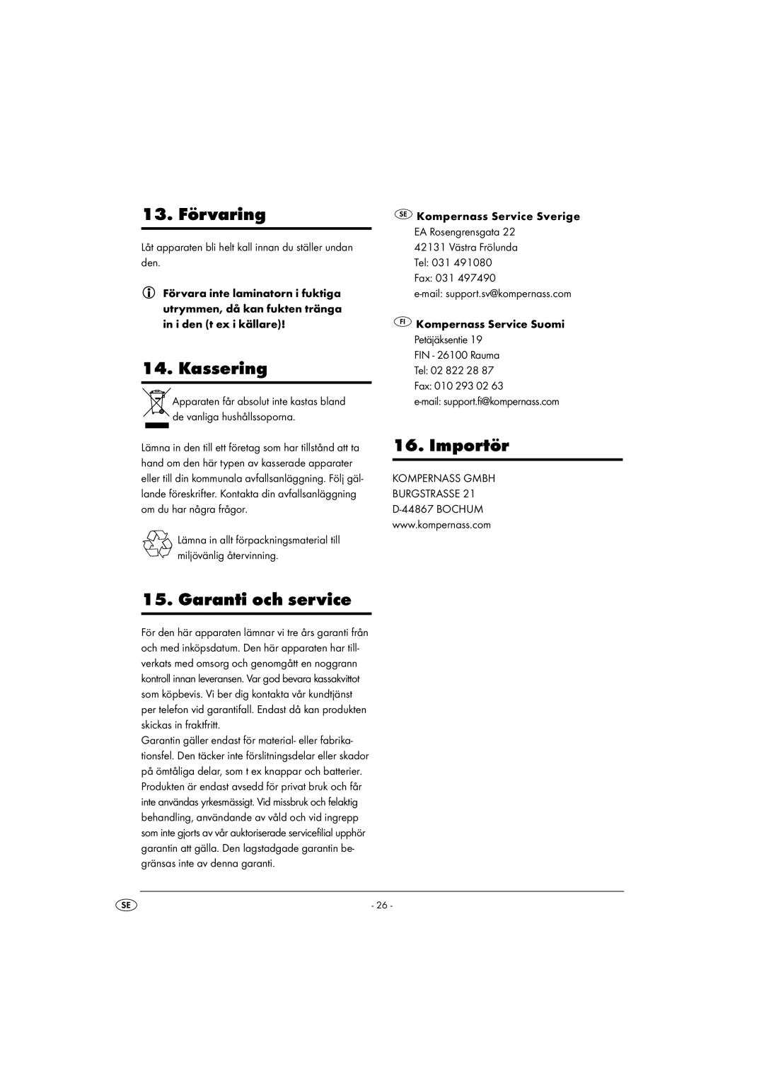 Kompernass KH 4412 13. Förvaring, Kassering, Garanti och service, Importör, Kompernass Service Sverige EA Rosengrensgata 